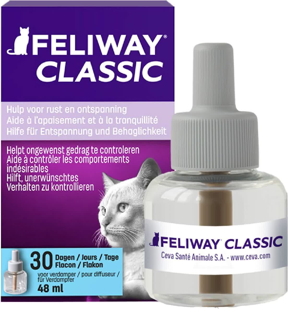 Feliway Classic cat pheromone calming diffuser kit plugged into wall outlet