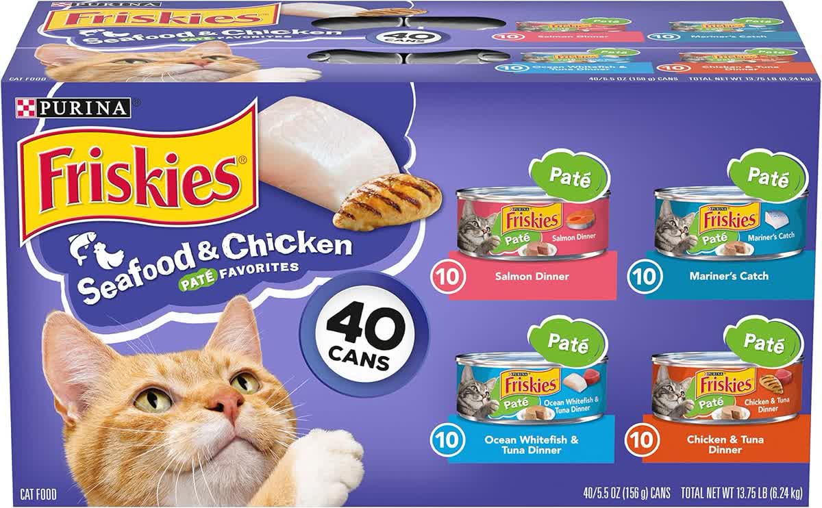Purina Friskies Pate wet cat food variety pack cans on white background