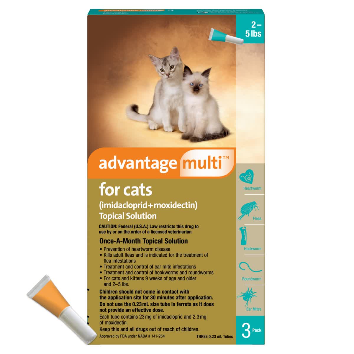 Advantage Multi topical solution for cats packaging showing flea and heartworm protection