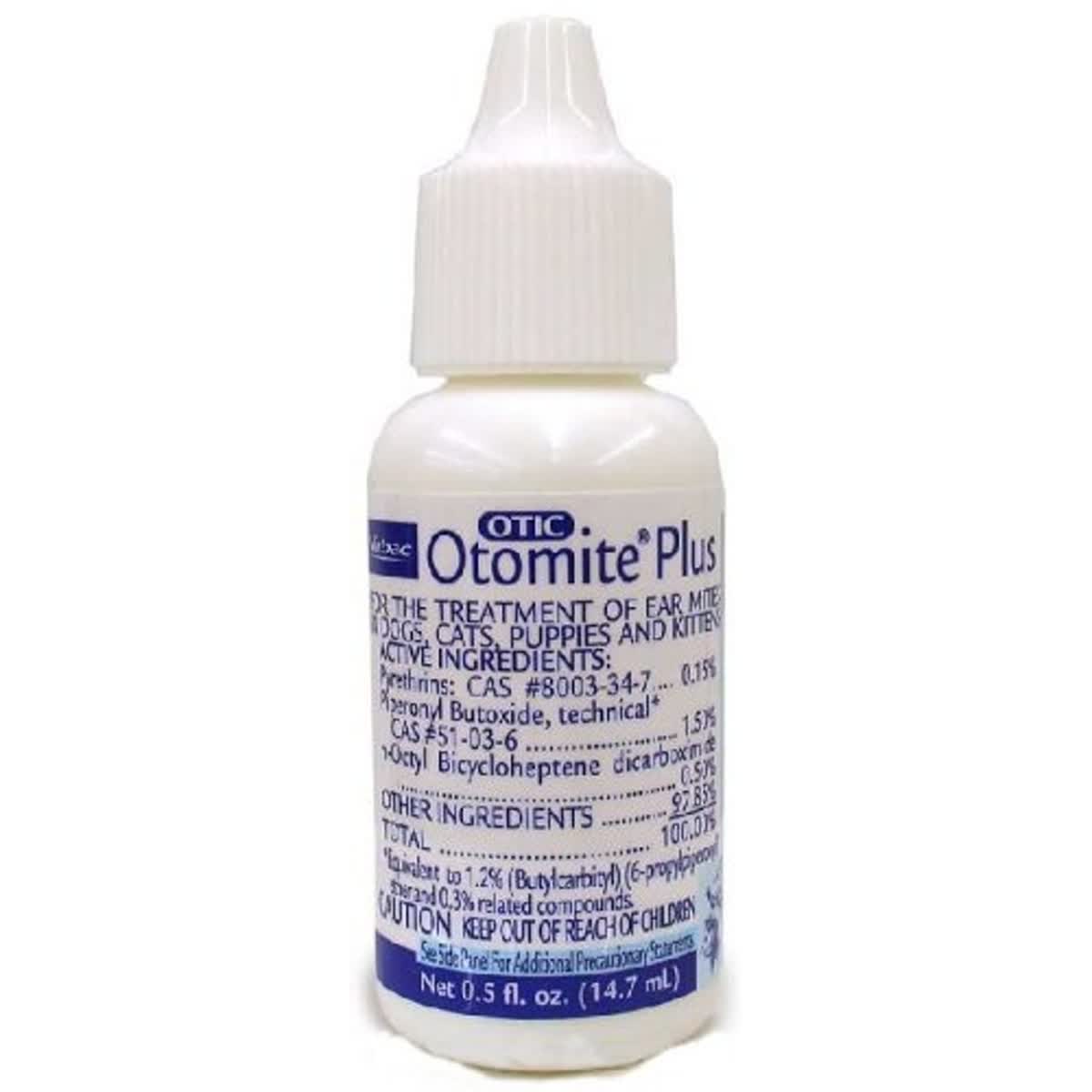 Virbac Otomite Plus ear mite treatment bottle for dogs and cats with pyrethrin formula