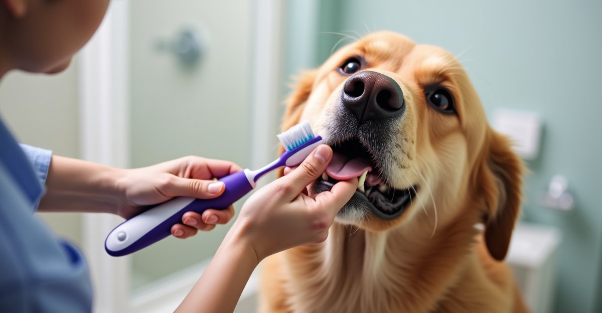A dog getting its teeth brushed by an owner with a dog toothbrush in a bathroom setting