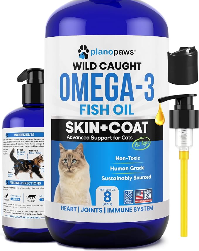 Omega-3 fish oil liquid supplement bottle for cats skin coat and digestion