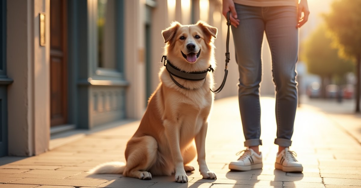 Large dog wearing a gentle leader head collar sitting calmly on a sidewalk