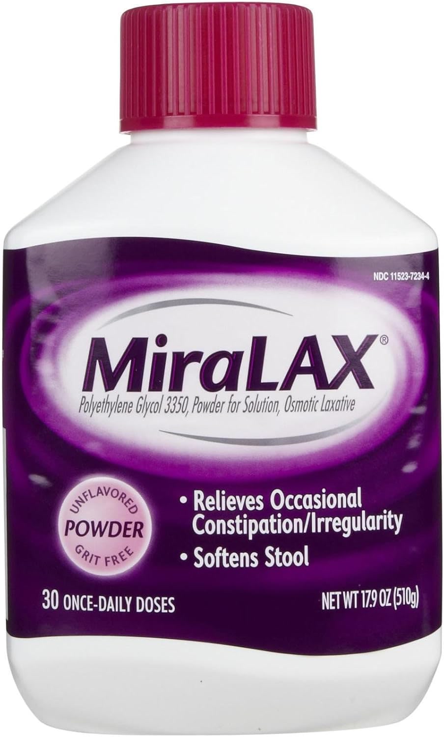 MiraLAX polyethylene glycol laxative powder bottle for cat constipation relief