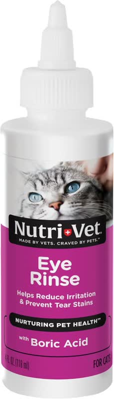 Nutri-Vet Eye Rinse for Cats bottle with purple label and dropper-style cap for cleaning irritated cat eyes