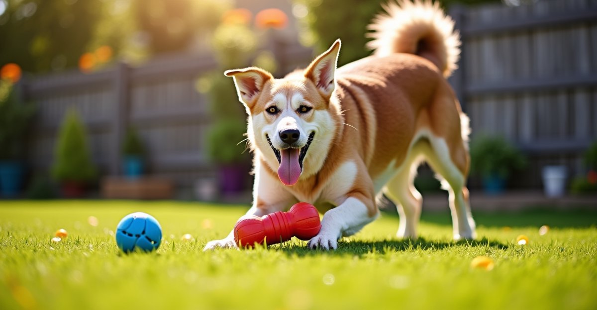 A happy large dog playing with colorful rubber dog toys in a sunny backyard