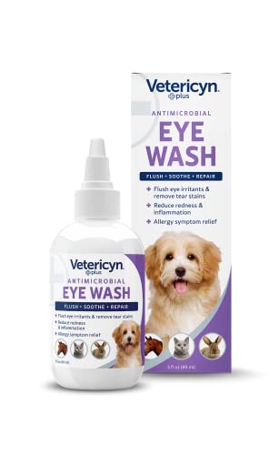 Vetericyn Plus antimicrobial pet eye wash bottle and box for flushing and soothing eye irritations in cats and dogs