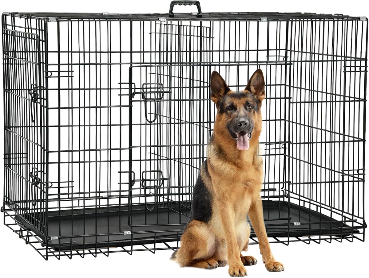 Large black double door wire dog crate with german shepherd for large breed dogs
