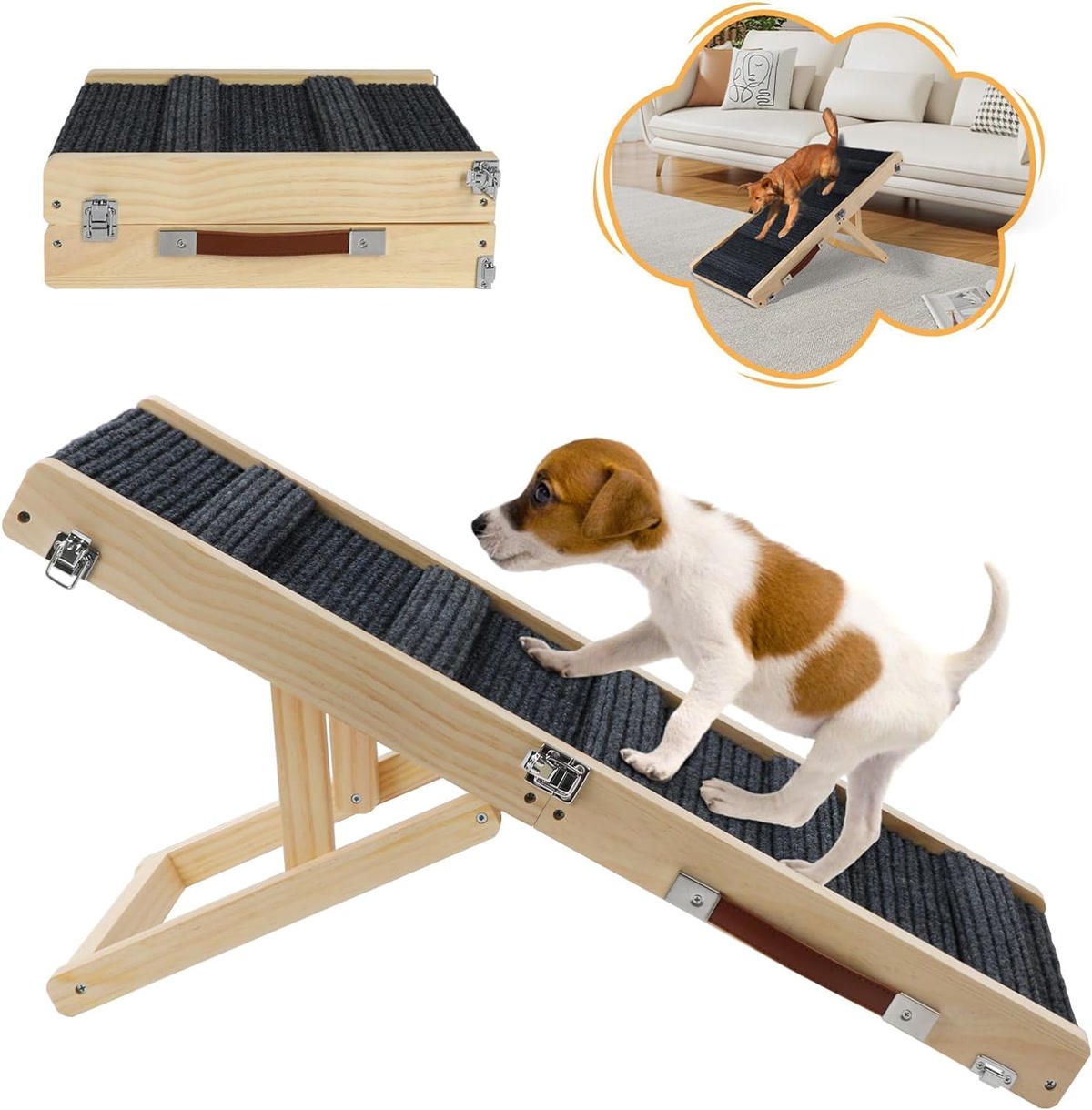 Wooden foldable pet ramp product showing compact storage mode