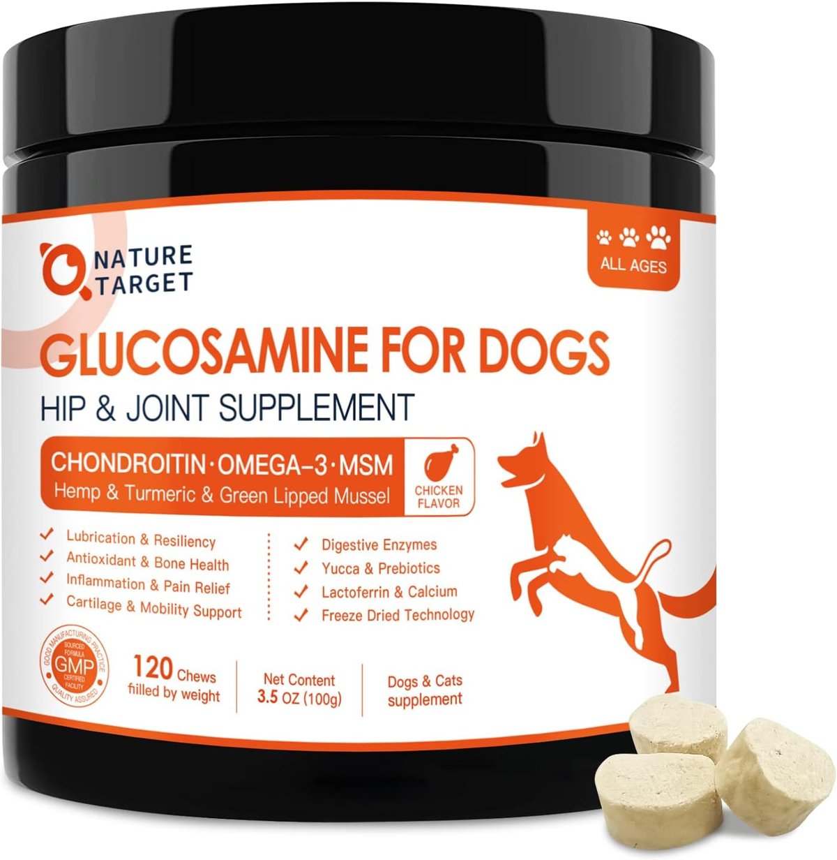Dog hip and joint supplement container