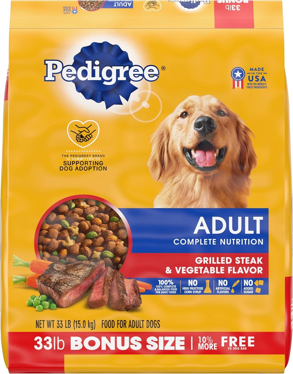 Pedigree Complete Nutrition Adult dry dog food bag with grilled steak and vegetable flavor