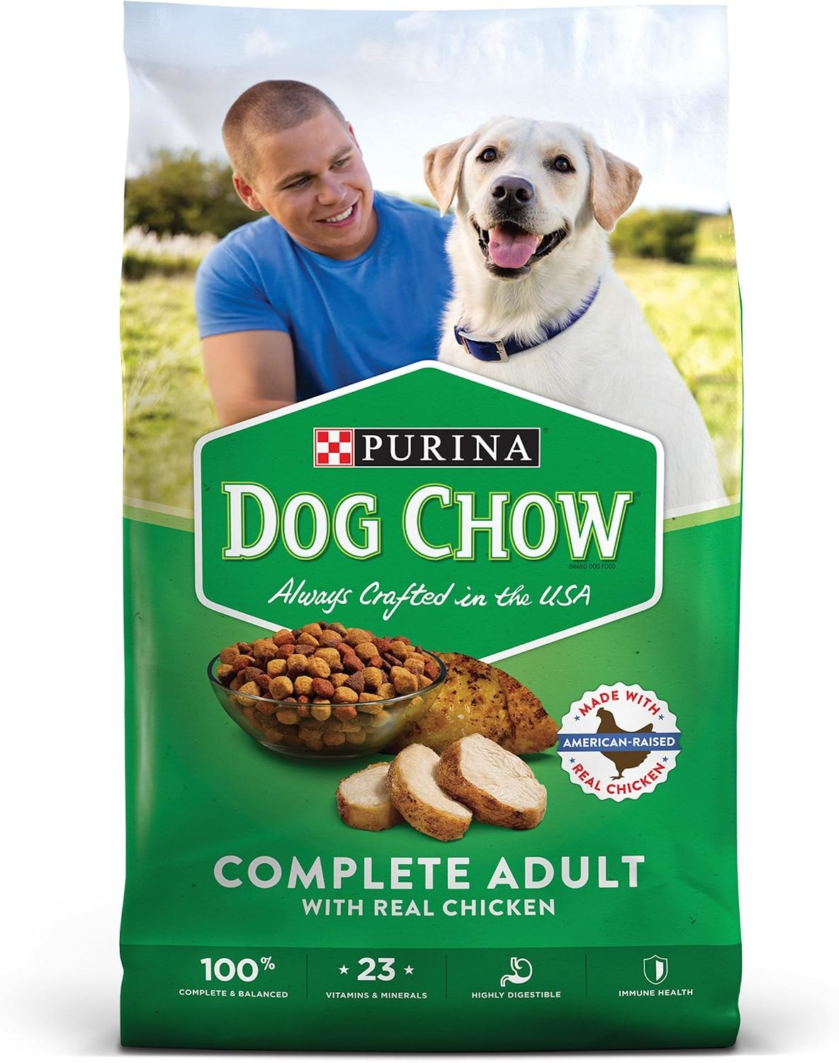 Purina Dog Chow Complete Adult dry dog food bag with real chicken