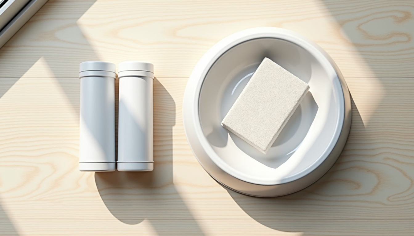Pet water fountain filter cartridges and a clean bowl arranged on a wooden table