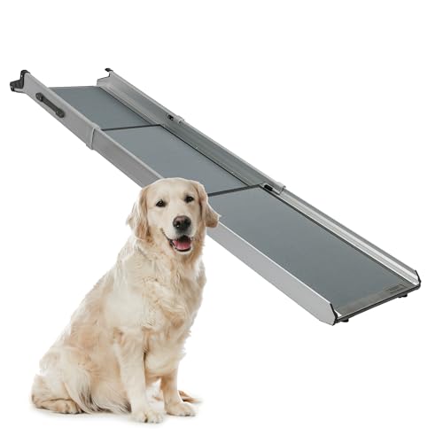 PetSafe Happy Ride compact telescoping dog ramp with a golden retriever beside it