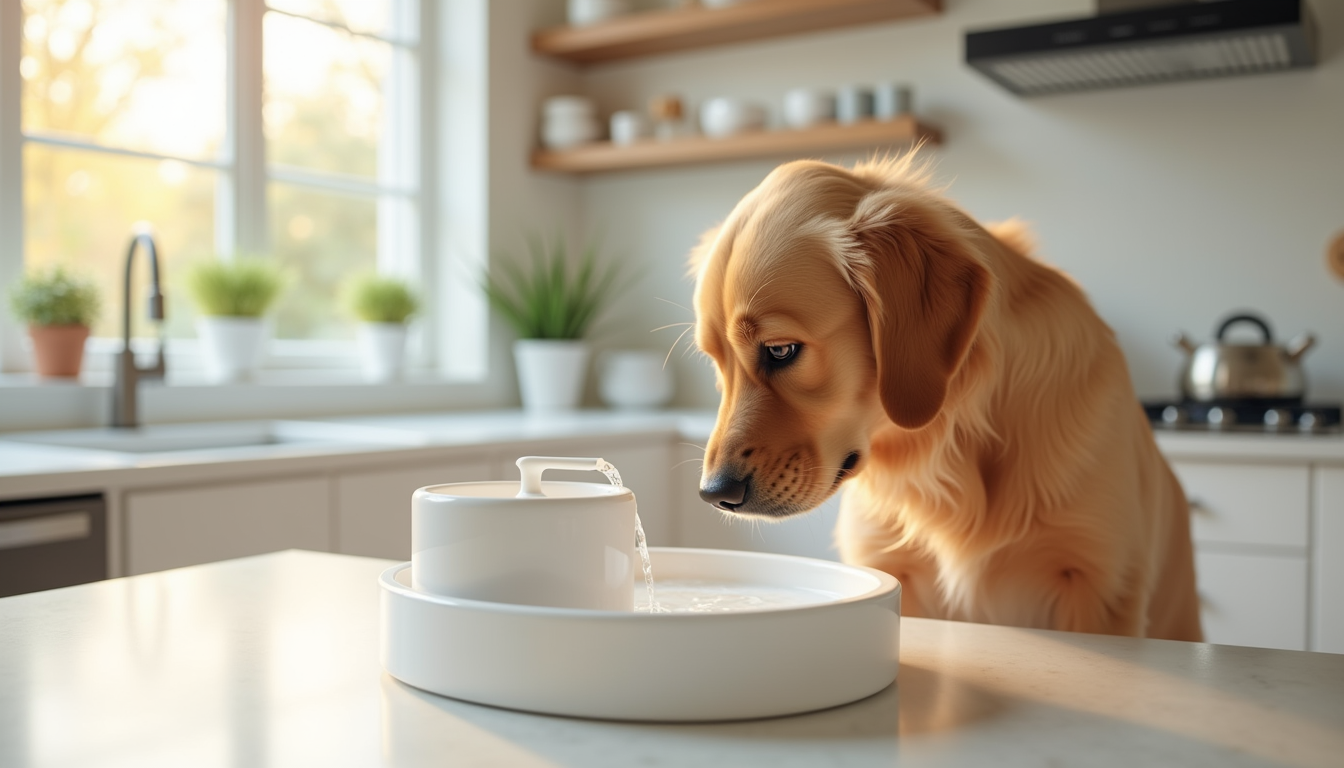 A dog drinking from a stainless steel pet water fountain in a bright kitchen