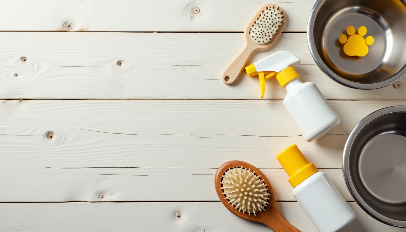 Flat lay of puppy supplies including chew toy, food bowl and cleaning spray