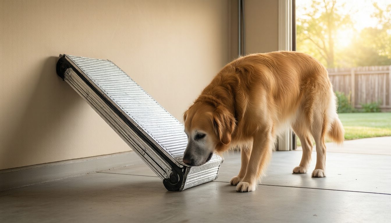 Senior golden retriever sniffing a folded aluminum telescoping ramp in a garage
