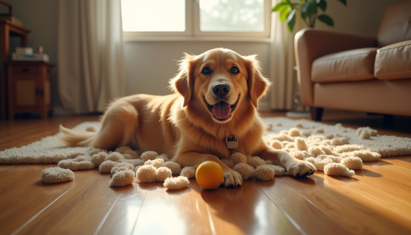Dog surrounded by destroyed plush toys with one tough rubber toy in the middle