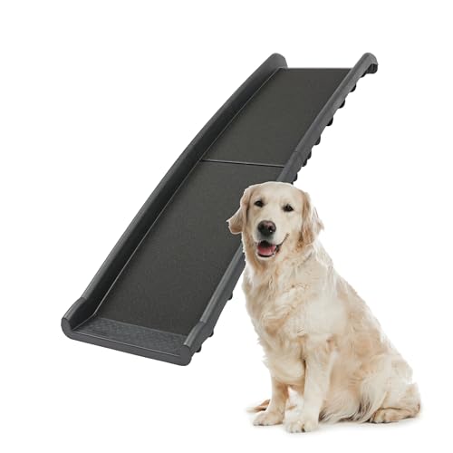 PetSafe Happy Ride folding dog ramp with a golden retriever sitting beside it