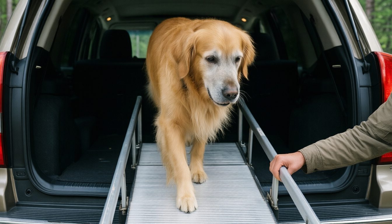 Senior golden retriever walking up a telescoping ramp into the cargo area of an SUV