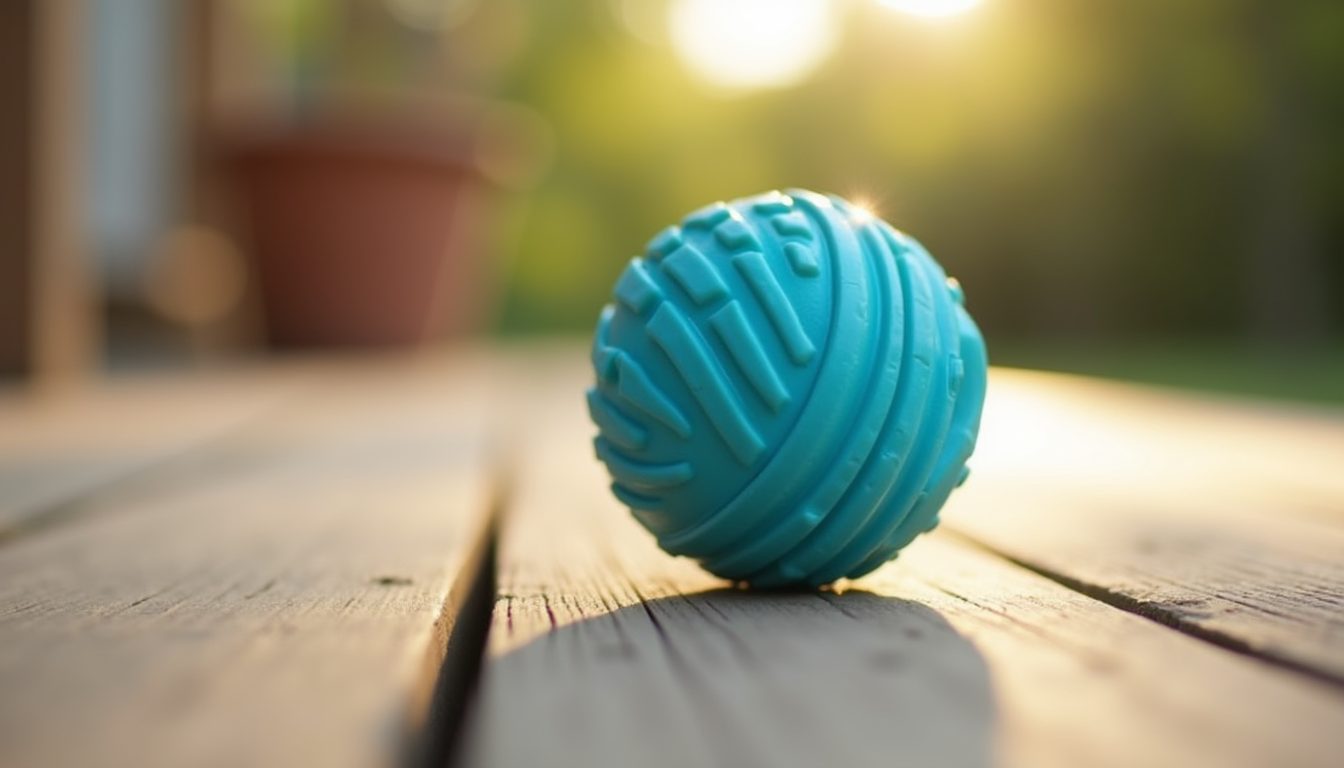 Bright colored rubber ball on a wooden living room floor