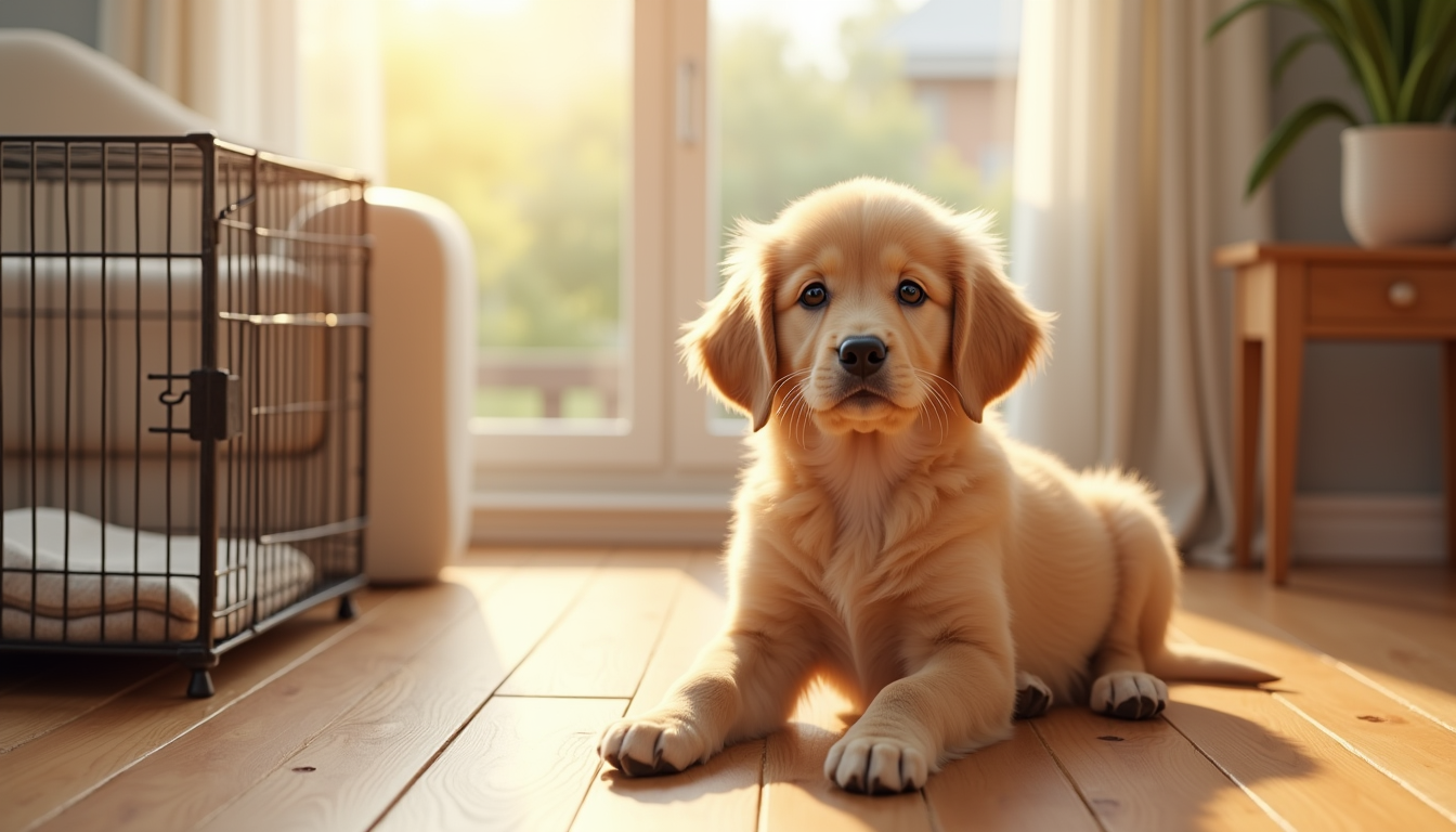 Golden retriever puppy sitting next to a wire crate and pet supplies at home