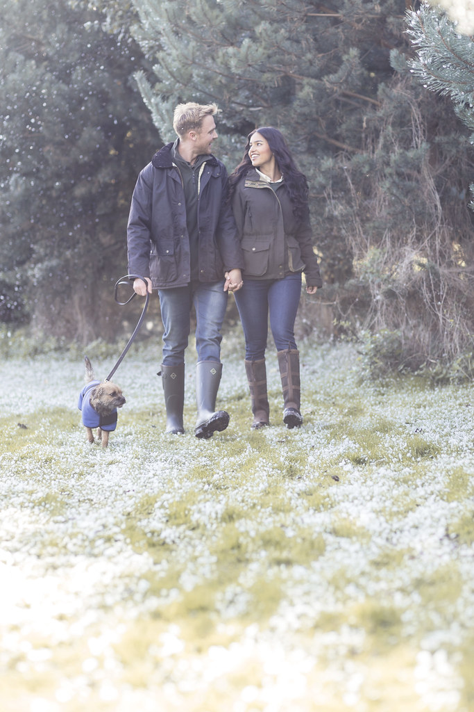 Walkers with a dog on a wet winter path