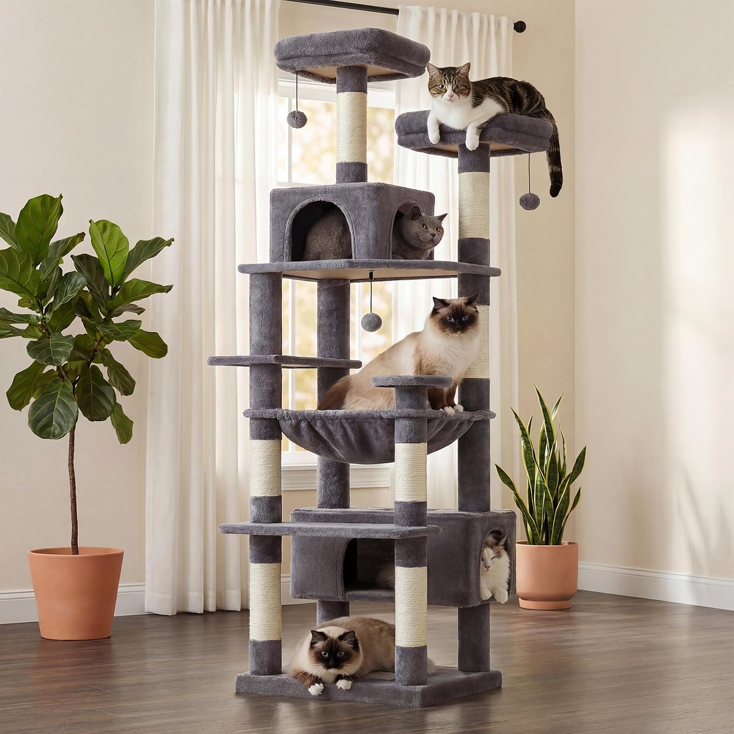 PAWZ Road 72-inch tall cat tower with hammock and condos for large cats