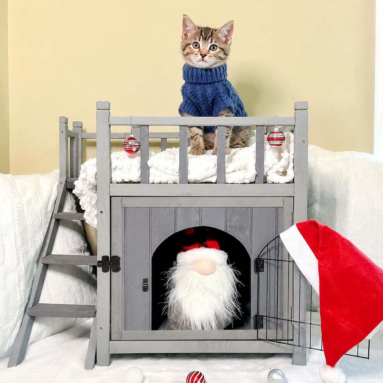 Aivituvin two-story outdoor wooden cat house with escape door