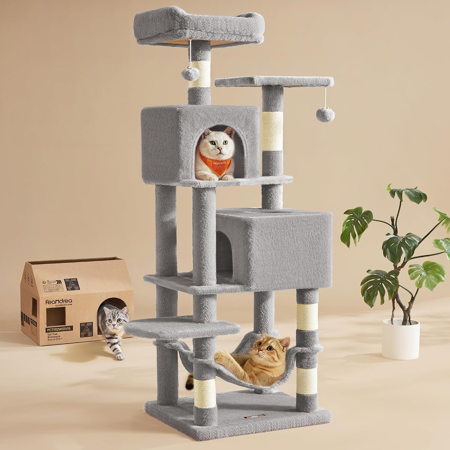 Feandrea 59.5-inch light gray multi-level cat tree with replaceable sisal posts
