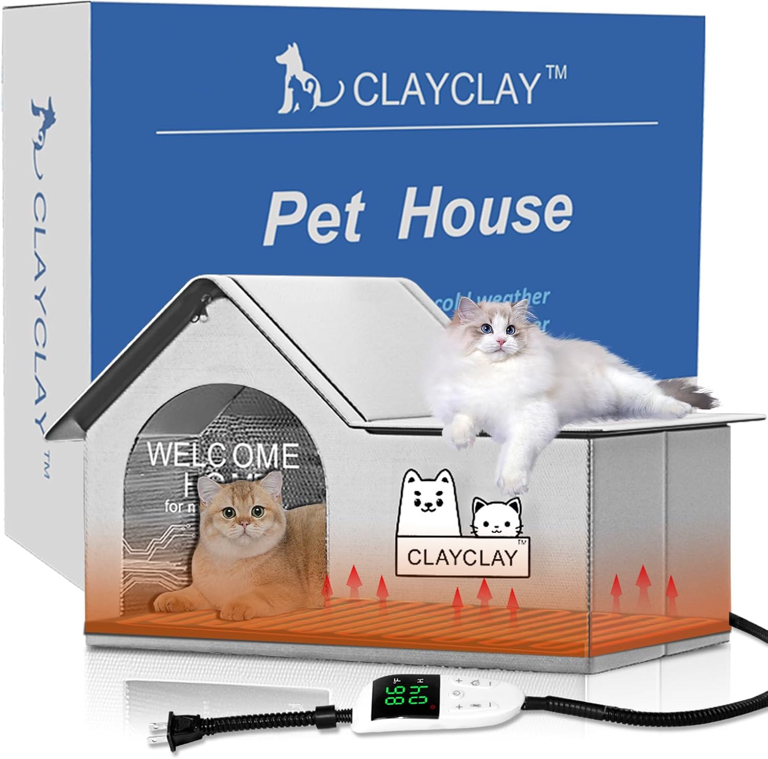 Heated outdoor cat house with insulated walls and escape door