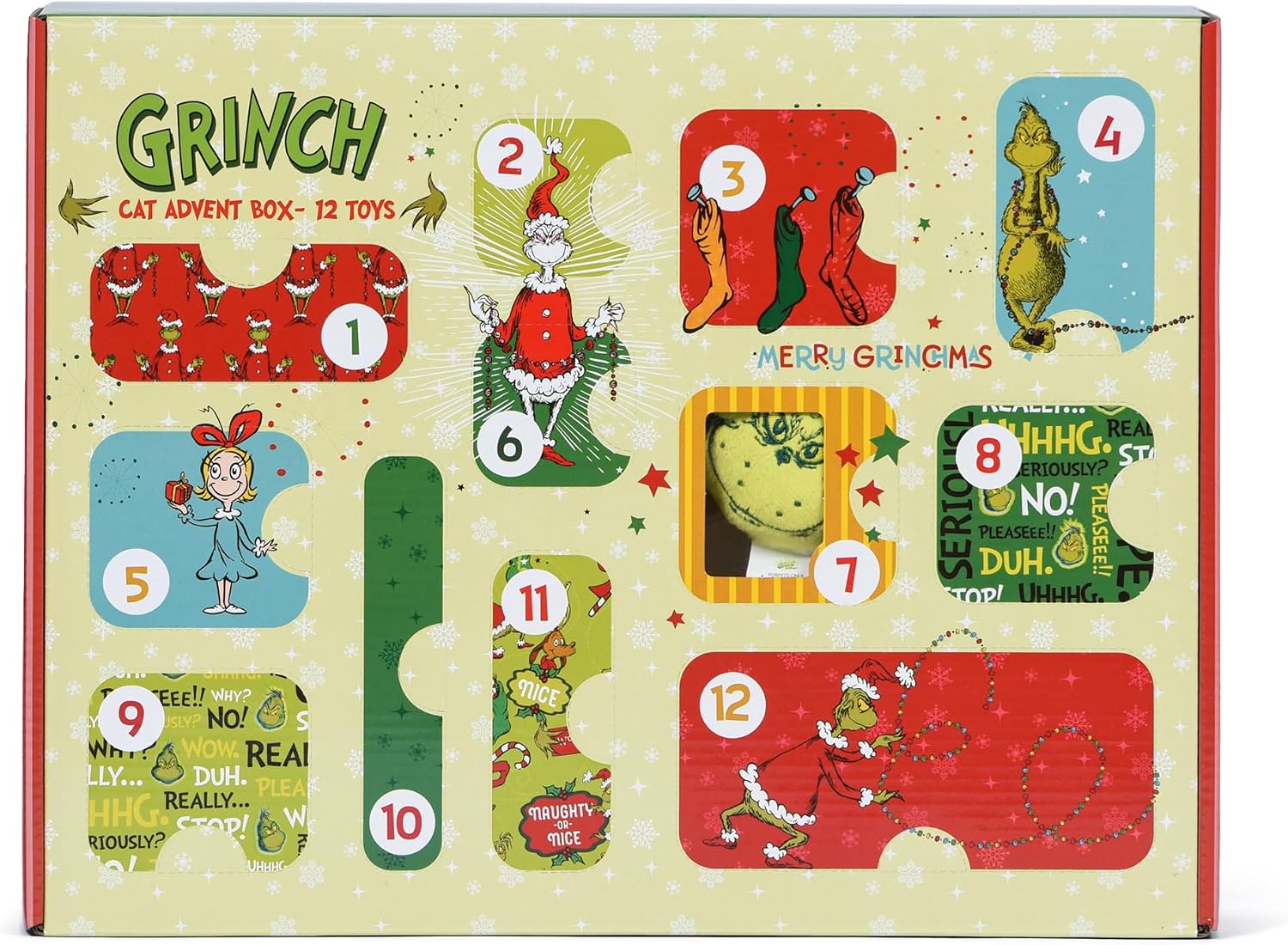 Grinch-themed 12-day cat advent calendar with plush toys and teasers — real product photo