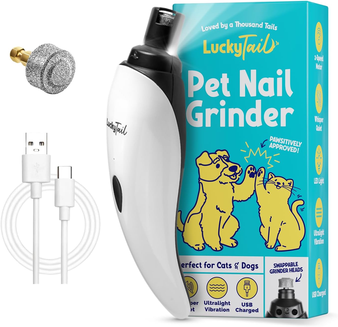 LuckyTail dog nail grinder with light and low vibration