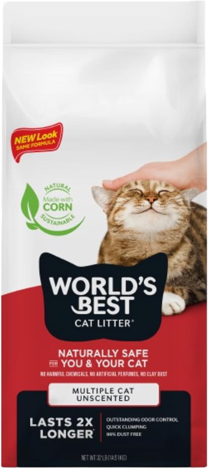 World's Best Cat Litter Multiple Cat, Unscented, Odor Control, 32 lb Bag